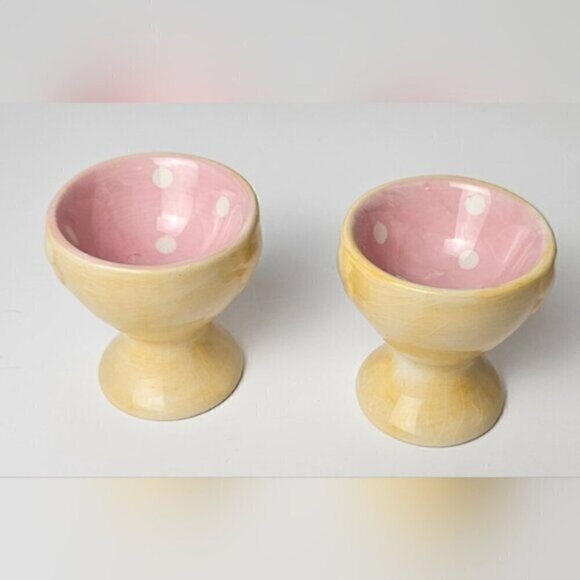 Vintage Chick Egg Cups – Pink Bow Ceramic Set of 2 | Kawaii Easter Decor - Picture 6 of 9